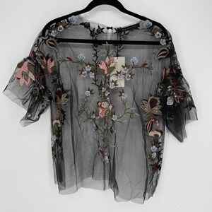 ZARA BLACK SHEER LACE FLORAL EMBROIDERED TOP NWT LARGE FLUTTER SLEEVE
